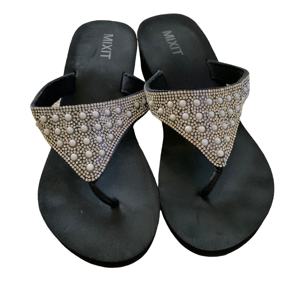 Mix It Pearl And Silver Flip Flops Slides Wedge Black Insoles and Soles 7.5
